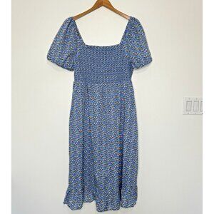 J Crew Smocked Puff Sleeve Midi Dress XL Blue Floral